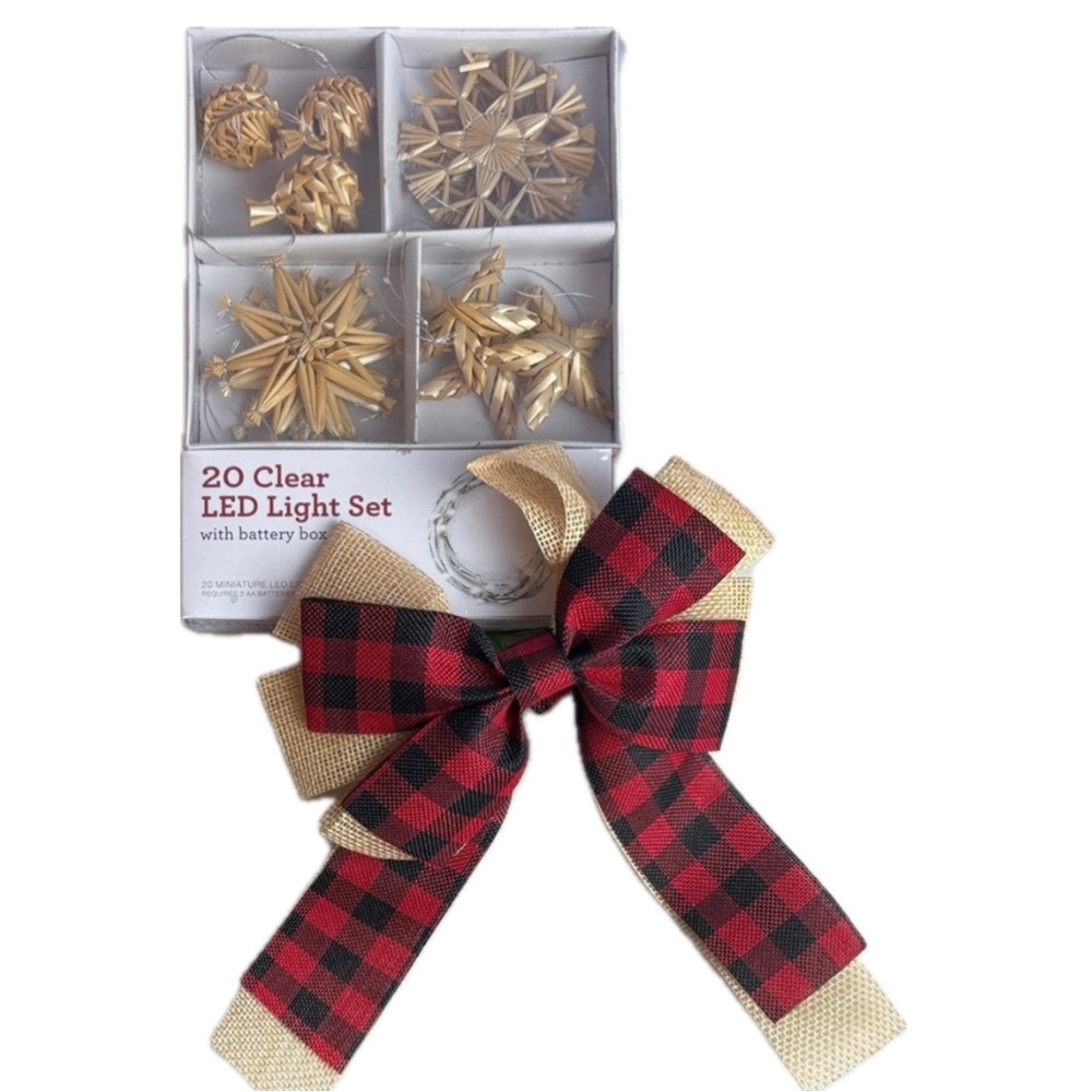 Rustic Mini Tree Decor Wicker Straw Ornaments LED Light Set with Festive Bow